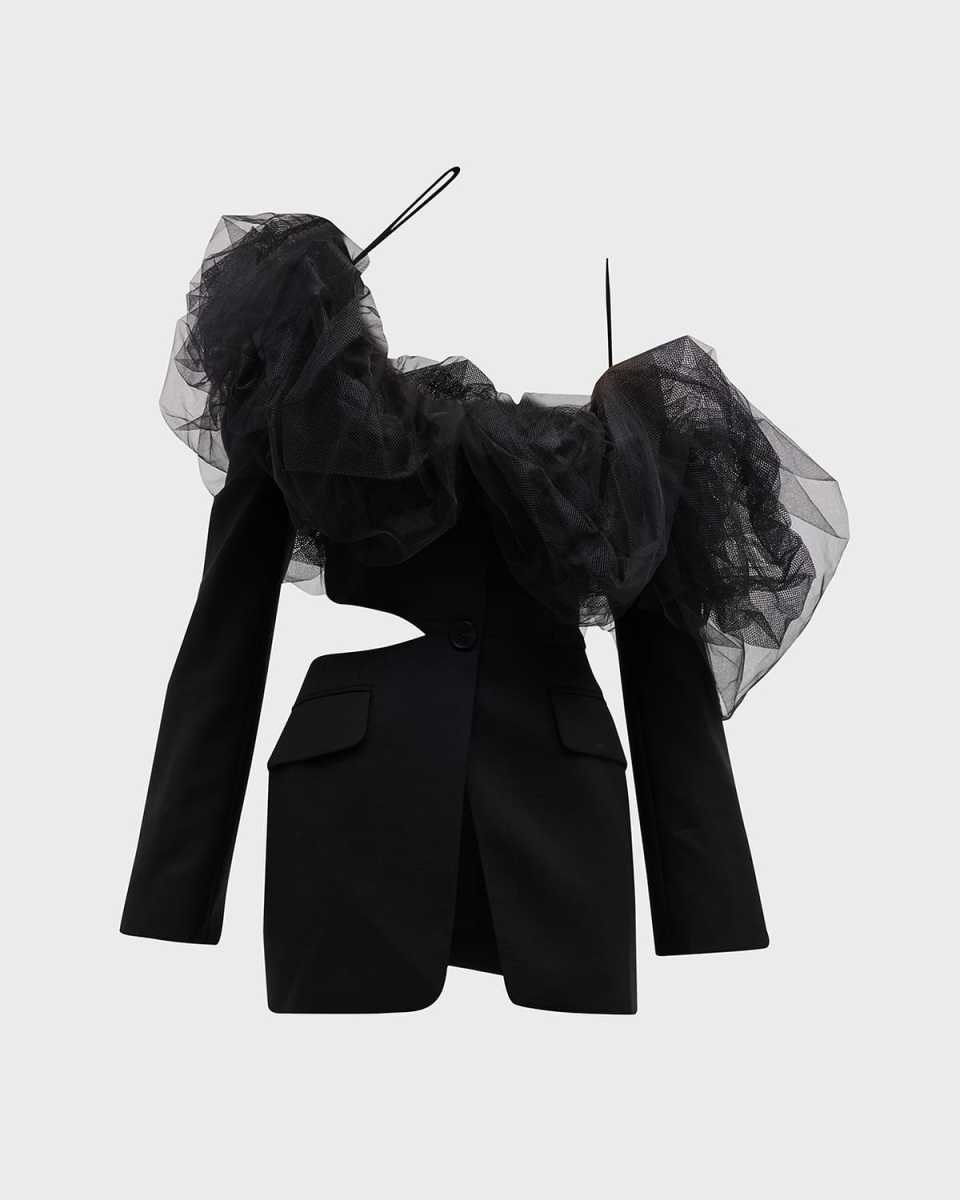 Cutout One-Shoulder Ruffle Single-Breasted Blazer